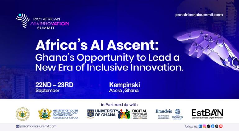 Cartel del Pan African AI & Innovation Summit: una mano robótica sobre un fondo azul y el texto de la cumbre en Accra.